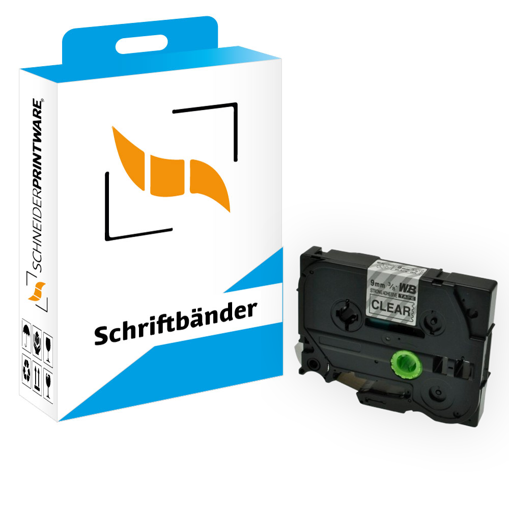 Kompatibel für Brother P-Touch 1000 (TZE-S121) Schriftband 9mm/8m Schwarz auf Transparent