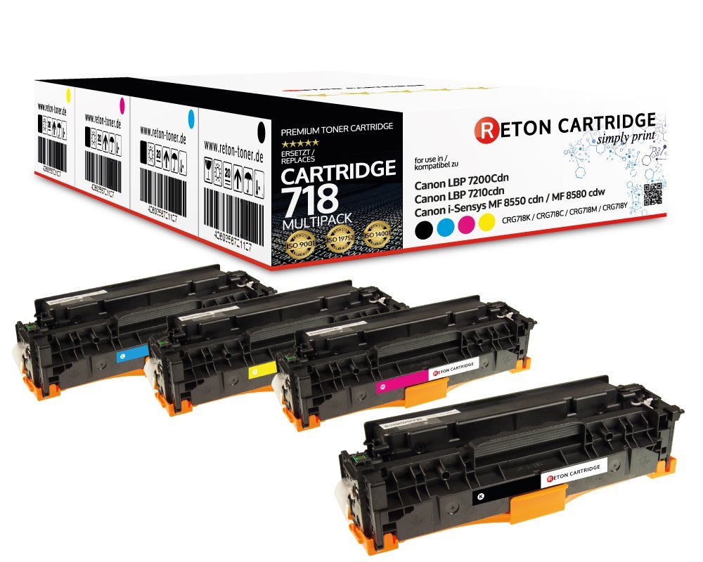4 Original Reton Toner ersetzen Canon 718BK, 718C, 718M, 718Y