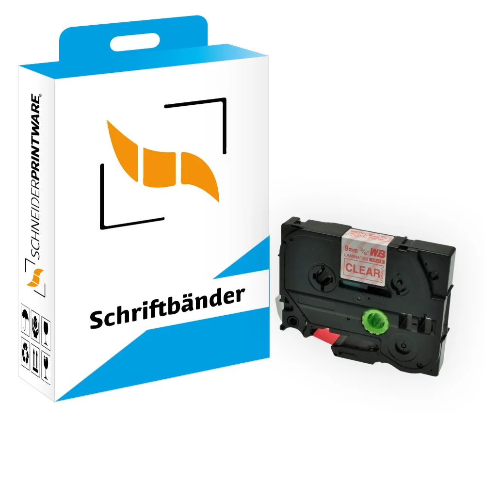 Kompatibel für Brother P-Touch 1000 (TZE-122) Schriftband 9mm/8m Rot auf Transparent